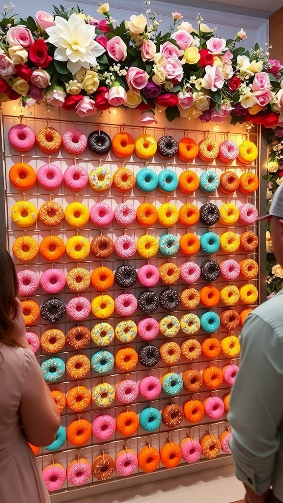 Donut Wall Recipe for Parties A vibrant donut wall with assorted donuts displayed on hooks, decorated with flowers and lights.